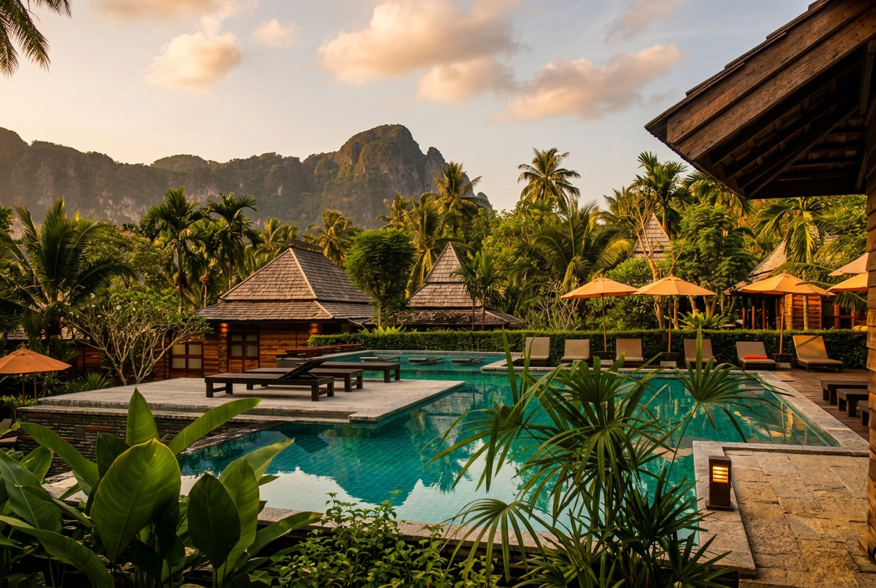 Boutique resort exterior at golden hour